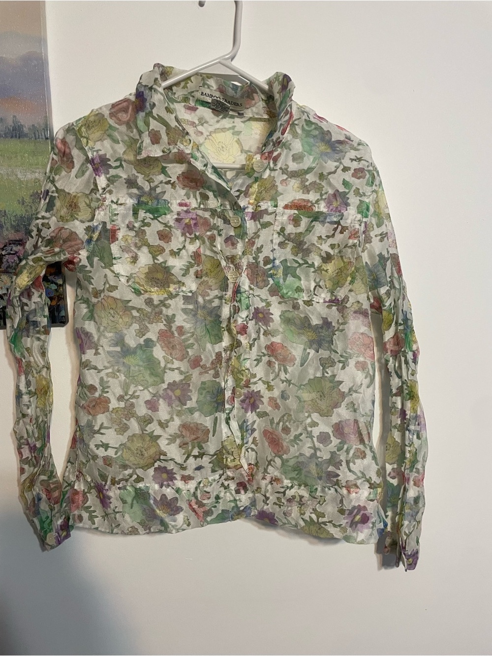 Bamboo Traders Floral Sheer Blouse in White, Green, Pink small